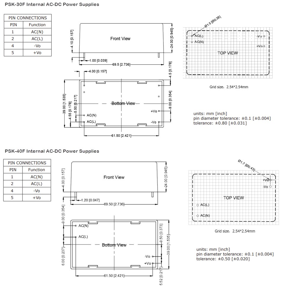 Mechanical Drawing - CUI Inc PSK-30F & PSK-40F Internal AC-DC Power Supplies